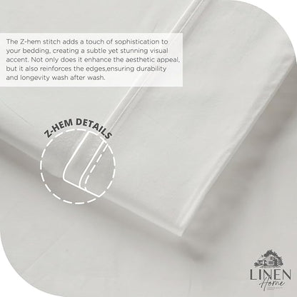 Linen Home 100% Cotton Percale Sheet Set, Queen Size, Snow White, Deep Pocket, 6 Pieces Set - 1 Flat, 1 Deep Pocket Fitted Sheet and 4 Pillowcases, Crisp Cool and Strong Bed Linen