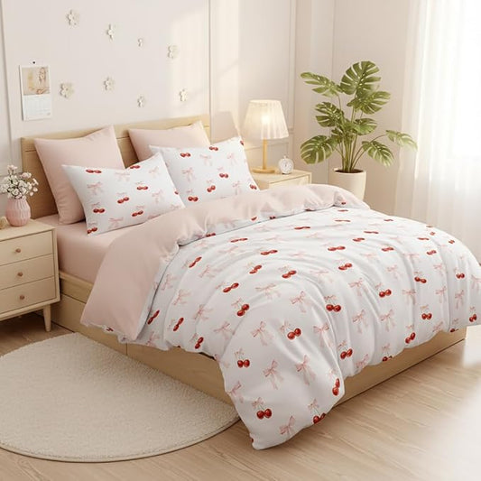 Nayoroom Pink Bow Comforter Set Full Size Reversible Red Cherry Comforter 3 Pieces Soft Lightweight Kids Girls Cute Aesthetic Dorm