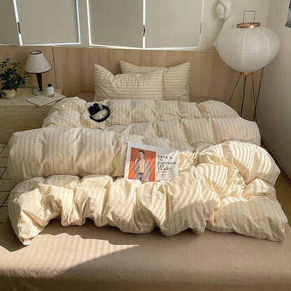 Nayoroom Striped Duvet Cover King Size 100% Washed Cotton Beige Duvet Cover with Black White Stripes Pattern Printed Comforter Cover 3 Pieces Soft Breathable Dorm Bedding Set for All Seasons