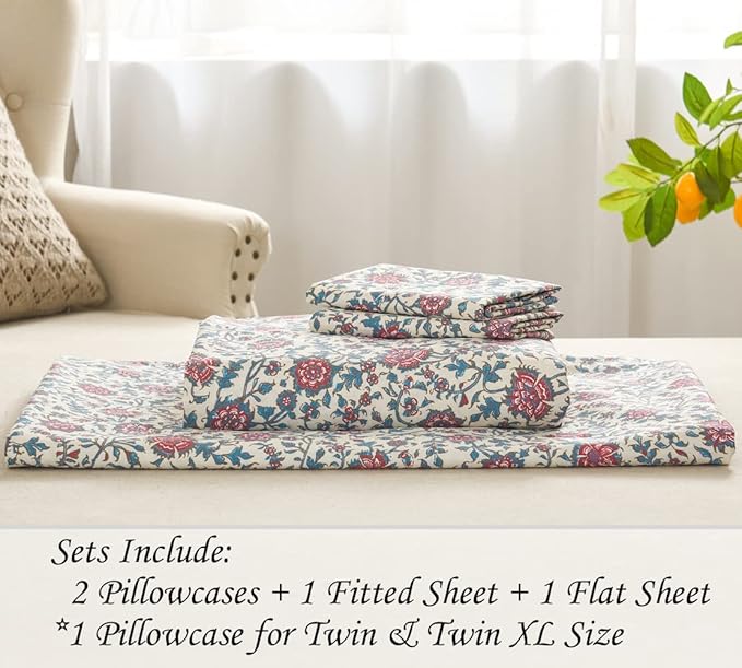 DAUAOTO 100% Cotton Sheets Set Twin Size Printed Bedding Sets, Up to 14" Deep Mattress, Country Rustic Floral Pattern Bedlinen Set