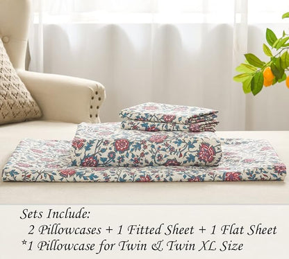 DAUAOTO 100% Cotton Full Size Sheets Set, Fit Mattress Up to 14" Deep, Printed Country Rustic Floral Pattern Bedlinen Sets