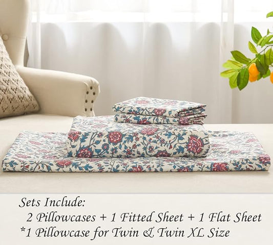 DAUAOTO 100% Cotton Full Size Sheets Set, Fit Mattress Up to 14" Deep, Printed Country Rustic Floral Pattern Bedlinen Sets