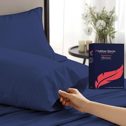 Ashton Sheets 100% Egyptian Cotton Pillow Cases King Size Set of 2 - Luxury 1200 Thread Count Sateen Navy Blue Pillow Cases, Soft & Breathable Extra Long Staple Pillowcases, Fits King Size Pillows