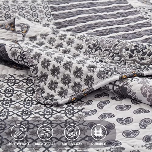 LEAONME Quilt Set Full/Queen Size 3 Piece Bedspread Coverlet Lightweight Comforter Microfiber Bedding Set for All Season Oversized 90x98 Inch Bed Cover Floral Paisley Gray(1 Quilt,2 Pillow Shams)