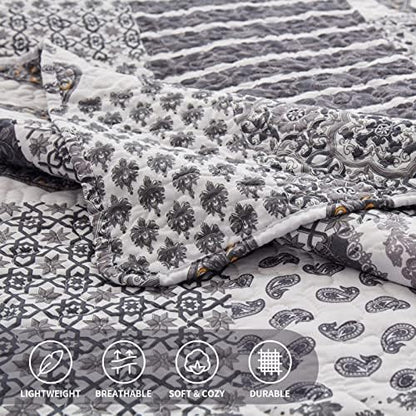 LEAONME Quilt Set Full/Queen Size 3 Piece Bedspread Coverlet Lightweight Comforter Microfiber Bedding Set for All Season Oversized 90x98 Inch Bed Cover Floral Paisley Gray(1 Quilt,2 Pillow Shams)