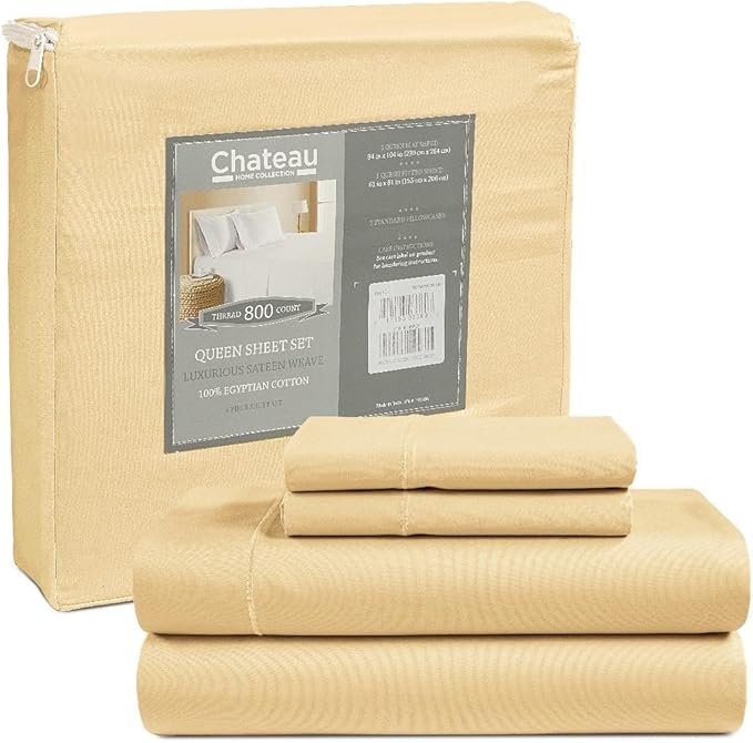 100% Cotton Sheets For King Size Bed, 800 Thread Count Sateen Weave Breathable Bed Sheets, Soft & Comfy Fully Elasticated Sheet & Pillowcase Sets, Machine Washable No Pill Fade Resistant- Semolina