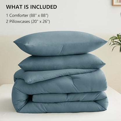CozyLux Queen Comforter Set Mineral Blue, 3 Pieces Solid Comforters Queen Size Breathable Bedding Sets, Luxury Soft Lightweight Bed Set with Down Alternative Comforter and 2 Pillowcases All Seasons
