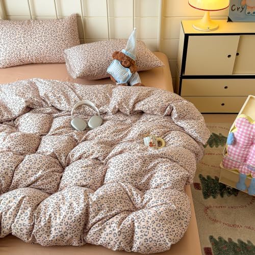 mixinni Light Brown Leopard Print Duvet Cover Set King Size, 3PCs Cute Animal Cheetah Bedding, 100% Cotton Double Gauze Soft Aesthetic Retro Pink Black Bedding Set with 2 Pillowcases for Girls Women