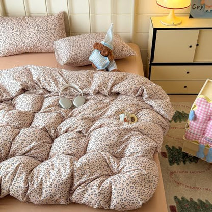 mixinni Light Brown Leopard Print Duvet Cover Set King Size, 3PCs Cute Animal Cheetah Bedding, 100% Cotton Double Gauze Soft Aesthetic Retro Pink Black Bedding Set with 2 Pillowcases for Girls Women