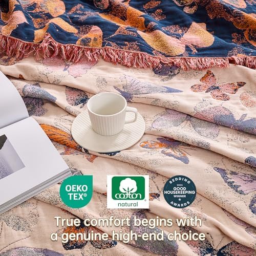 VANJOROY Boho Throw Blanket, 100% Organic Cotton Breathable Ultra Soft 91" x 108" King Bed Quilt Throw - All Season Floral Rustic Farmhouse Decor Luxury Blanket for Sofa Couch Chair and Gift
