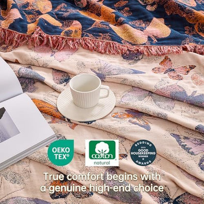 VANJOROY Boho Throw Blanket, 100% Organic Cotton Breathable Ultra Soft 60" x 80" Bed Quilt Throw - All Season Floral Rustic Farmhouse Decor Luxury Reversible Blanket for Sofa Couch Chair and Gift