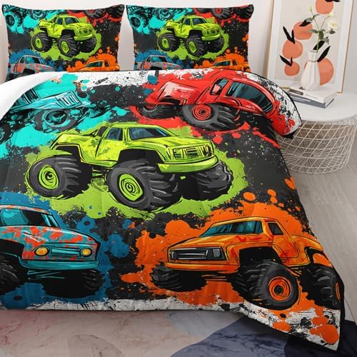 AILONEN Cartoon Monster Trucks Comforter Set Twin Size, 3-Piece Colorful Truck Bedding Set for Kids Boys,Graffiti Car Print Kid Comforter with 2 Pillowcases