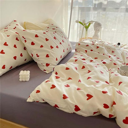 Nayoroom Heart Duvet Cover Queen Size Cute Red Love Heart Printed on White Bedding Set 3Pcs Kids Girls Kawaii Heart-Shaped Pattern Comforter Cover with Zipper Closure Soft Breathable Microfiber