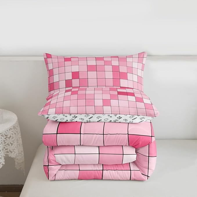 Pixelated Blocks Miners Comforter Set King Size,Video Games Game Gamepad Kids Bedding Set,Geometric Grid Patchwork Quilt Comforter,Pink Duvet Insert,2 Pillowcases