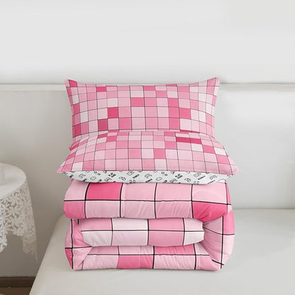 Pixelated Blocks Miners Comforter Set King Size,Video Games Game Gamepad Kids Bedding Set,Geometric Grid Patchwork Quilt Comforter,Pink Duvet Insert,2 Pillowcases