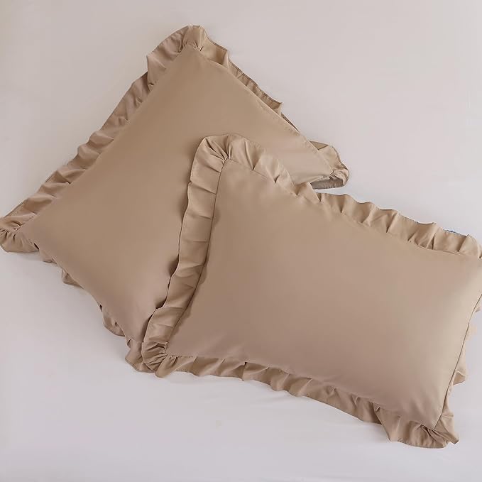 JANZAA Twin Ruffled Comforter Set 3PCS (1 Taupe Comforter Set and 2 Pillowcases) Vintage Farmhouse Shabby Chic Bedding Soft Fluffy All Season