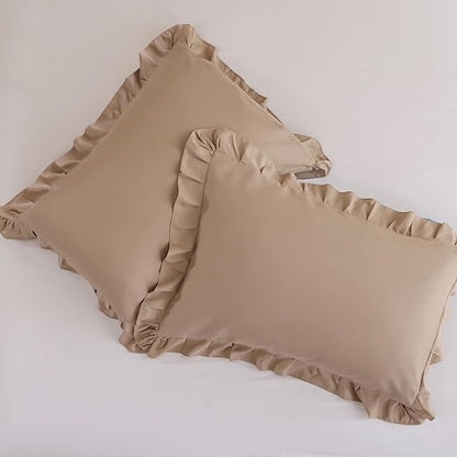 JANZAA Twin Ruffled Comforter Set 3PCS (1 Taupe Comforter Set and 2 Pillowcases) Vintage Farmhouse Shabby Chic Bedding Soft Fluffy All Season