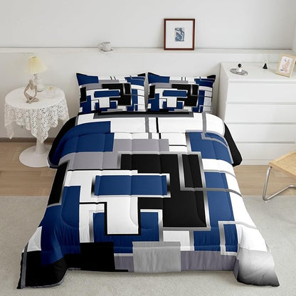 Erosebridal Blue Grey White Comforter Set for Kids Boys Girls,Geometric Bedding Set Full Size,Watercolor Square Quilt Set,Modern Style Pattern Duvet Insert with 2 Pillowcases Home Room Decor