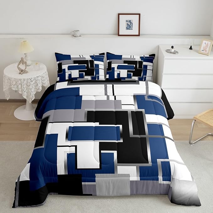 Erosebridal Blue Grey White Comforter Set for Kids Boys Girls,Geometric Bedding Set Queen,Watercolor Square Quilt Set,Modern Style Pattern Duvet Insert with 2 Pillowcases Home Room Decor