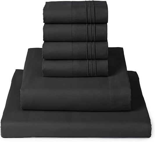 Mellanni Queen Sheet Set - 6-Piece Iconic Collection Bedding, (Including 4 Pillowcases), 16-Inch Deep Pocket, Easy Care, Extra Soft, Cooling Sheets, Brushed Microfiber - Black