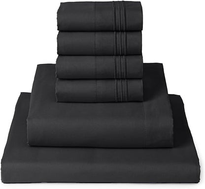 Mellanni Full Sheet Set - 6-Piece Iconic Collection Bedding, (Including 4 Pillowcases), 16-Inch Deep Pocket, Easy Care, Extra Soft, Cooling Sheets, Brushed Microfiber - Black