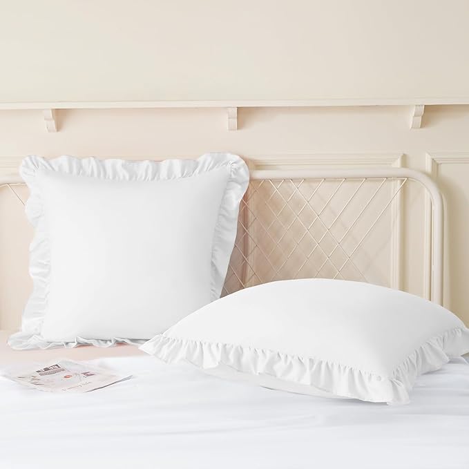 KKJIAF Ruffle Pillow Cases 24x24 Inches, White Square Ruffled Pillow Covers Set of 2, Microfiber Wrinkle Resistant Pillow Shams with Envelope Closure for Sofa Bed Living Room