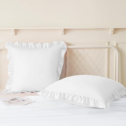 KKJIAF Ruffle Pillow Cases 18x18 Inches, White Square Ruffled Pillow Covers Set of 2, Microfiber Wrinkle Resistant Pillow Shams with Envelope Closure for Sofa Bed Living Room