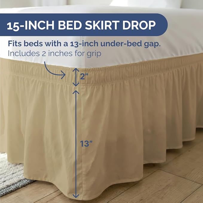 Wrap Around Dust Ruffle Bed Skirt - Beige - for King Size Beds with 15 Inch Drop - Easy Fit Elastic Strap - Adjustable Pleated Bedskirt w/Brushed Fabric - Wrinkle Free - for Women, Men, Kids & Teens