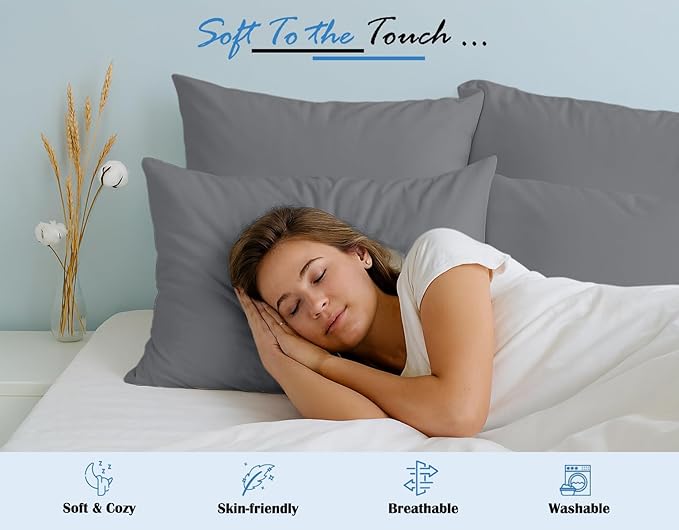 Comfort Beddings Standard Pillowcases Set of 4 – 100% Organic Cotton, 600 Thread Count Sateen, Soft & Comfy Pillow Covers with Envelope Closure, Grey, Standard Size 20 x 26 Inches