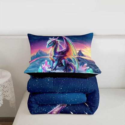 Feelyou Dragon Kids Comforter Set Toddler Size Dragon Stuff Bedding Set Wild Life Duvet Quilt for Kids Boys Girls Bedroom Magic Wildlife Decor Purple Bluish Microfiber Ultra Soft Breathable