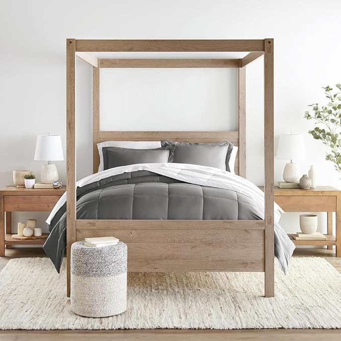 LINENS & HUTCH Comforter Set Patterned Microfiber All Season Down-Alternative Ultra Soft Bedding in Stitched Stripe - Full/Queen Stitched Stripe Gray