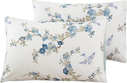 WINLIFE 100% Cotton Pillowcases Queen Size Blue Floral & Birds Printed Pillow Cover 2 Pack, Super Soft Envelope Closure Queen Pillow Case Set (Queen, 20"x30")