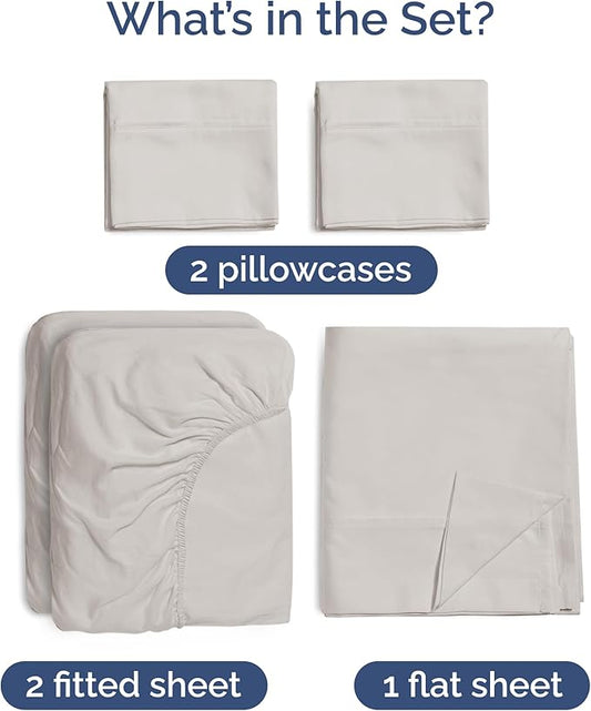 Bed Sheets Split King Size - Cooling Sheets for Split King - 100% Rayon Derived from Bamboo - Ultra Soft Hotel Luxury Bedding - 1 Flat, 1 Fitted & 2 Pillowcases w/ 16 Inch Deep Pockets - Light Grey
