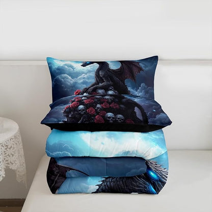 Castle Fairy Dragon Comforter Set for Kids,Halloween Skull Bedding Set Teens Boys Room Decor,Romantic Red Rose Comforter with 1 Pillowcase for All Seasons,Twin