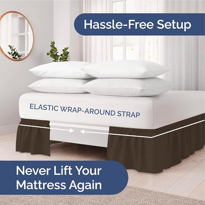 Wrap Around Dust Ruffle Bed Skirt - Brown - for Full Size Beds with 24 Inch Drop - Easy Fit Elastic Strap - Adjustable Pleated Bedskirt w/Brushed Fabric - Wrinkle Free - for Women, Men, Kids & Teens