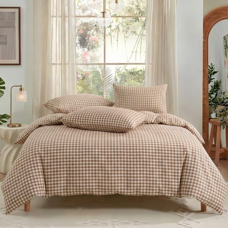 NEXHOME PRO Tan Gingham Duvet Cover Twin, 100% Washed Cotton Like Linen Feel Organic Natural Bedding Set 3 Piece Brown Vintage Plaid Checkered Comforter Cover Set (No Comforter) 6890