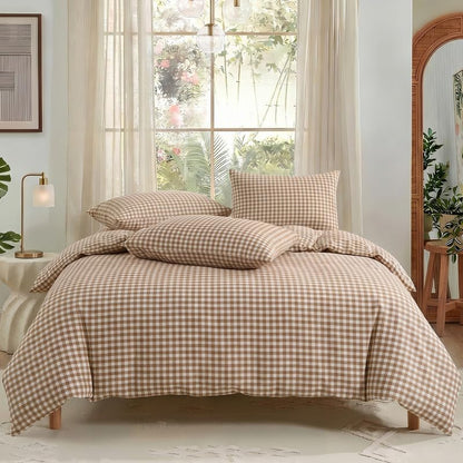 NEXHOME PRO Tan Gingham Duvet Cover Twin, 100% Washed Cotton Like Linen Feel Organic Natural Bedding Set 3 Piece Brown Vintage Plaid Checkered Comforter Cover Set (No Comforter) 6890