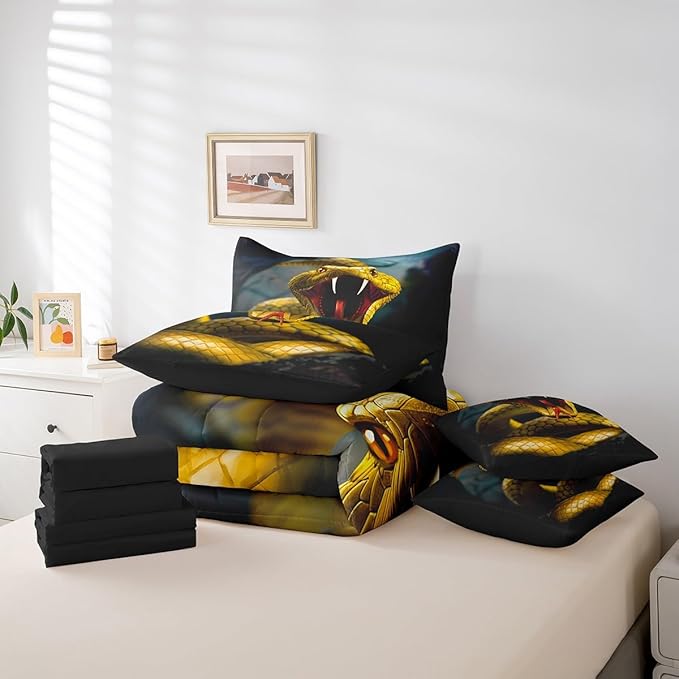 Erosebridal Snake 7 Piece Comforter Set Full Bed in a Bag,Little Dragon Bedding Sets Tropical Wildlife Reptile Sheet Set with Comforter