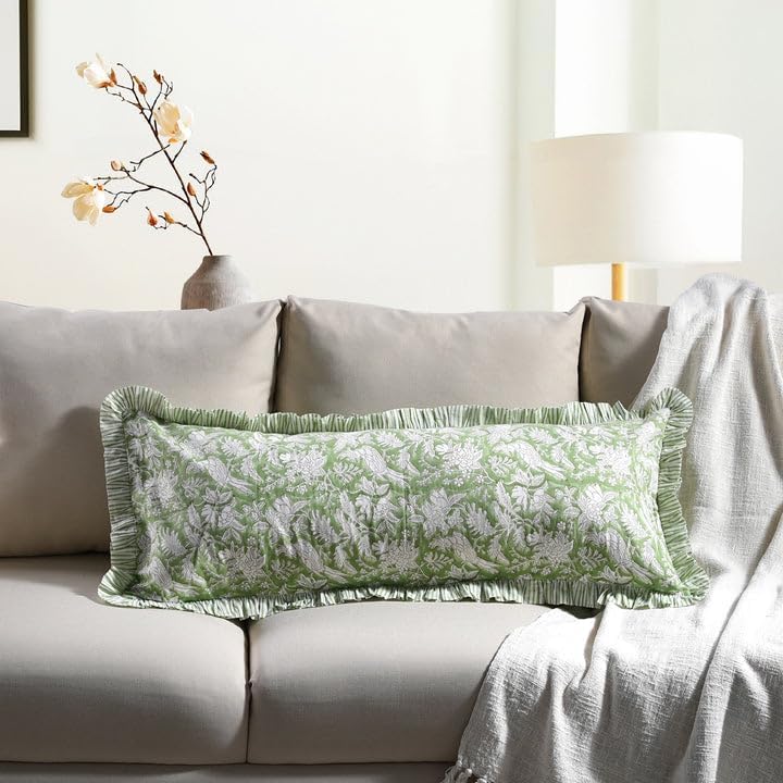 CPC Block Print Olive Green Ruffle Cotton Lumbar Pillow Cover 14x36 inch