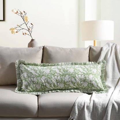 CPC Block Print Olive Green Ruffle Cotton Lumbar Pillow Cover 14x36 inch