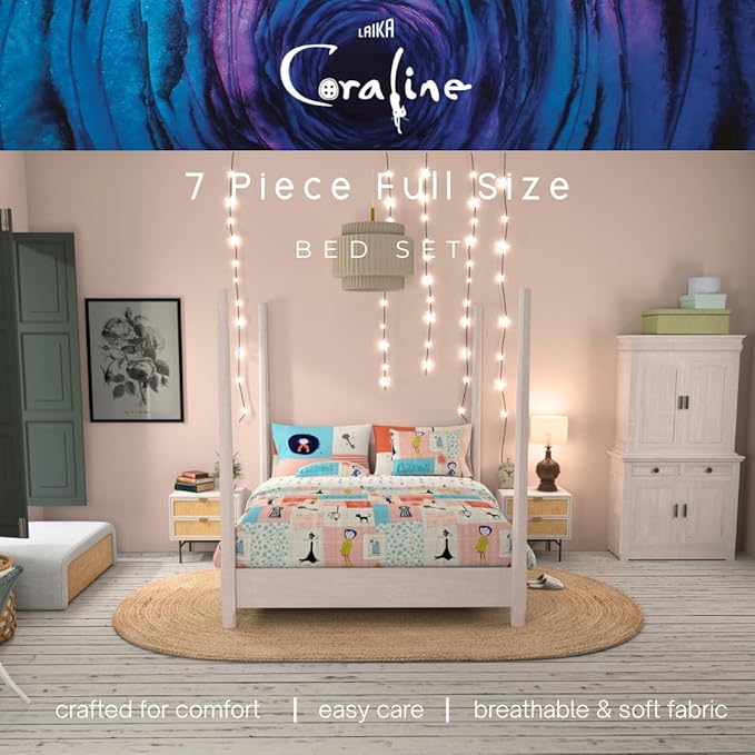 Coraline Kids Bedding Super Soft & Cozy Reversible Microfiber Comforter and Sheet Set with Sham, 7 Piece Full Size, (Officially Licensed Product) By Franco