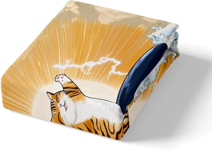 Feelyou Cute Cat Whale Bedding Set Twin Size Japanese Ukiyoe Theme Duvet Cover for Adult Kids Boys Girls Cartoon Anime Comforter Cover Set Navy Blue Bedspread Cover 2Pcs Zipper