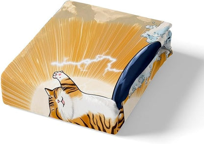Feelyou Cute Cat Whale Bedding Set King Size Japanese Ukiyoe Theme Duvet Cover for Adult Kids Boys Girls Cartoon Anime Comforter Cover Set Navy Blue Bedspread Cover 3Pcs Zipper