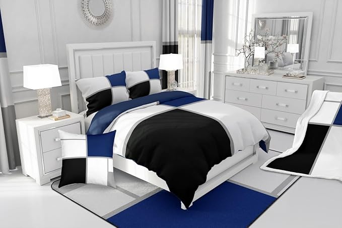 Erosebridal Geometric Comforter Set Queen Size for Adults Teens,Black and White Abstract Bedding,Navy Blue Striped Grid Quilt for Minimalist,Modern Art Patchwork Bedding Comforter Sets