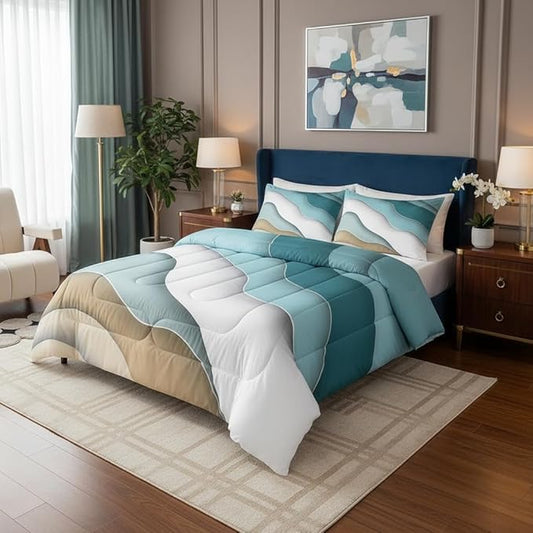 Abstract Ombre Comforter Set Ocean Waves Bedding Set Decor Blue Sea and Beach Quilt Set Tropical Summer Contemporary Duvet Insert Teens Kids Adults Room Decor 3pcs Queen Size