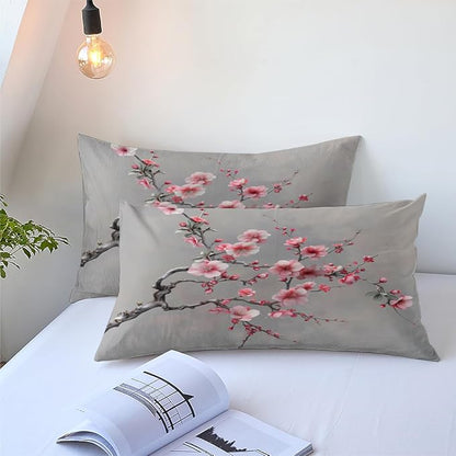Cherry Blossom Comforter Set Queen Japanese Style Gray and Pink Floral Bedding Set Japan Bedroom Deccor Bedding Aesthetic Flower Branch Pattern, Ultra Soft Lightweight Comforter Sets