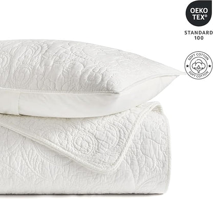 EVERGRACE 100% Cotton Paisley Quilt Set, Queen Size 3 Piece Set – Prewashed Lightweight Bedspread with 2 Shams, Soft & Breathable Matelasse Coverlet for All-Season Comfort, Bright White