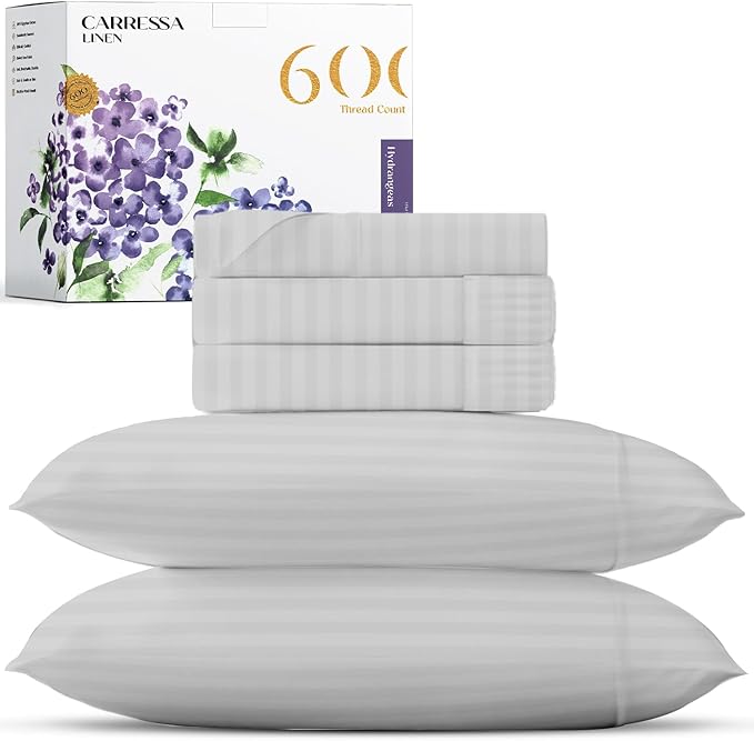 Carressa Linen Striped Split King Sheets Sets for Adjustable Bed - 100% Egyptian Cotton 600 Thread Count 5 PC Top Split King Sheet (Silver), 16" Deep Pocket Soft Cooling Luxury Hotel Damask Sheets