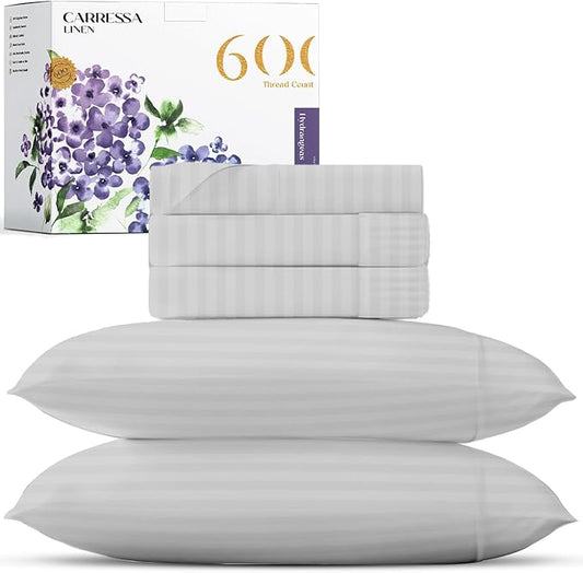 Carressa Linen Striped Split King Sheets Sets for Adjustable Bed - 100% Egyptian Cotton 600 Thread Count 5 PC Top Split King Sheet (Silver), 16" Deep Pocket Soft Cooling Luxury Hotel Damask Sheets