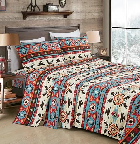 Chezmoi Collection 4-Piece Southwestern Geometric Motif Sheet Set King Size - Multicolor Red Brown Blue Cream Printed Brushed Microfiber Lightweight Breathable Deep Pocket Bed Sheets